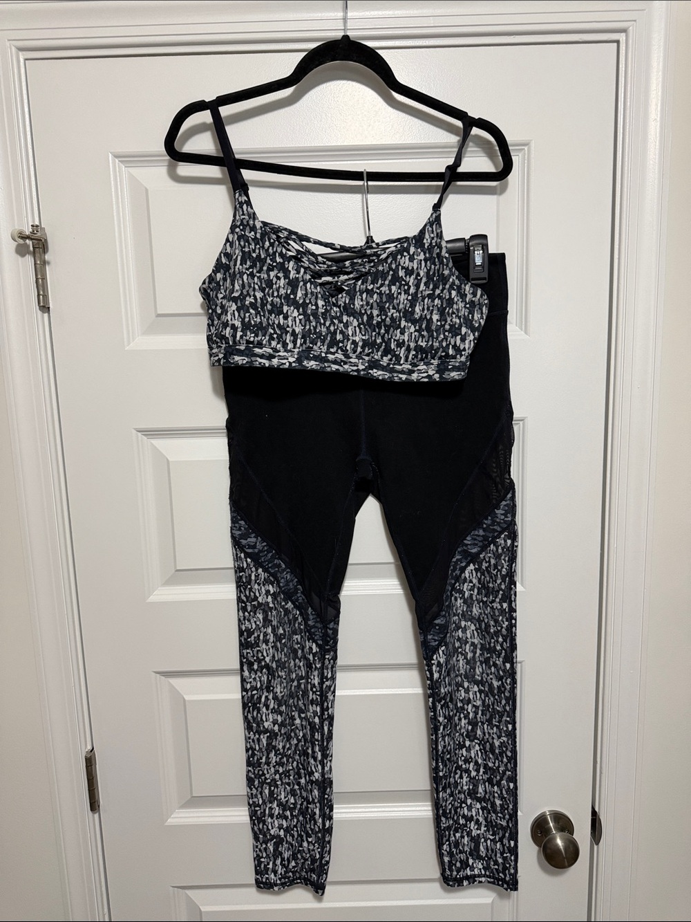 Fabletics Black & Gray Printed High-Rise Leggings with Matching Sports Bra